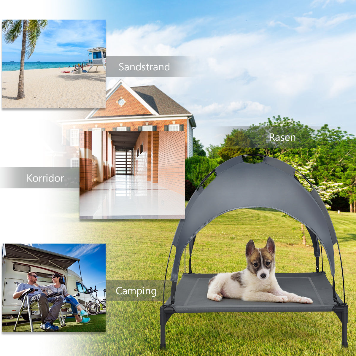 Costway - Hundebett xxl, Hundebett Outdoor, Hundebett mit Dach, Erhöhtes Hundebett, abnehmbarer Überdachung, Haustierbett, 90 x 81 x 86 cm, Grau