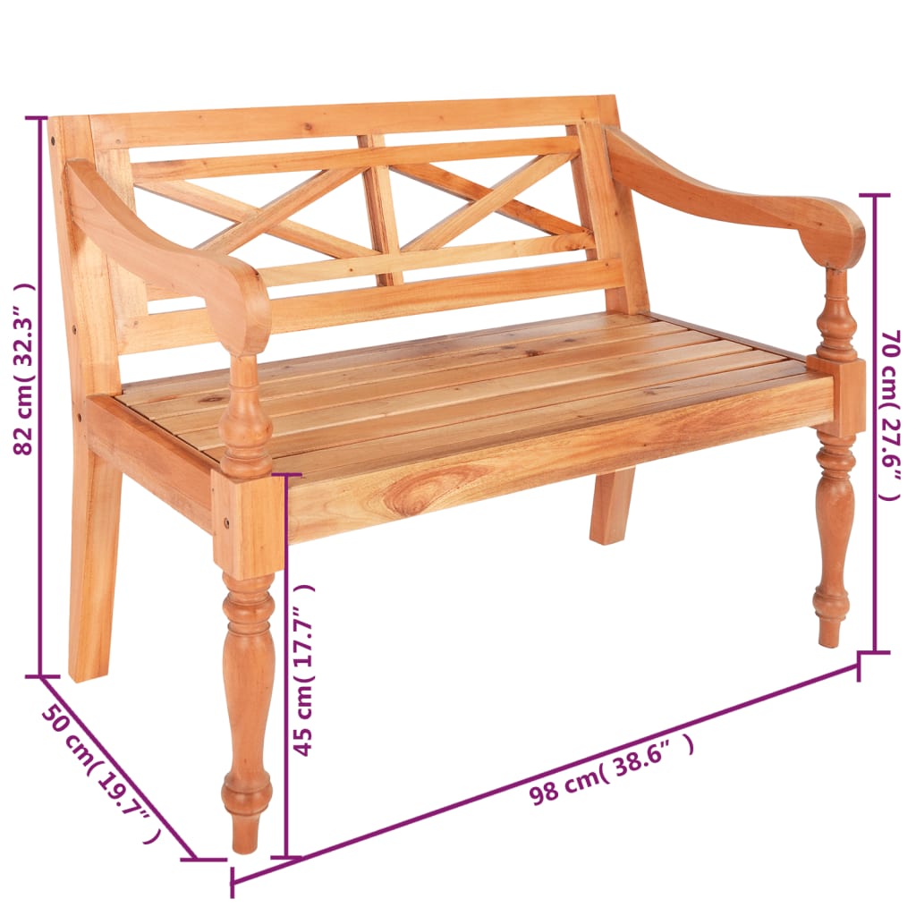 Sitzbank, Batavia-Sitzbank, und Rückenlehne, Bank zum Sitzen, Mahagoni Massivholz, 98 x 50 x 82 cm, Hellbraun, vidaXL, 6