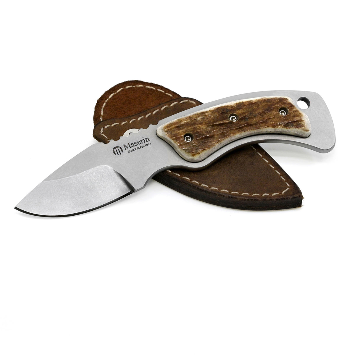 Maserin Mini Trapper – Outdoormesser mit ELMAX-Klinge und Hirschhorngriff, braune Lederscheide mit Druckknopf