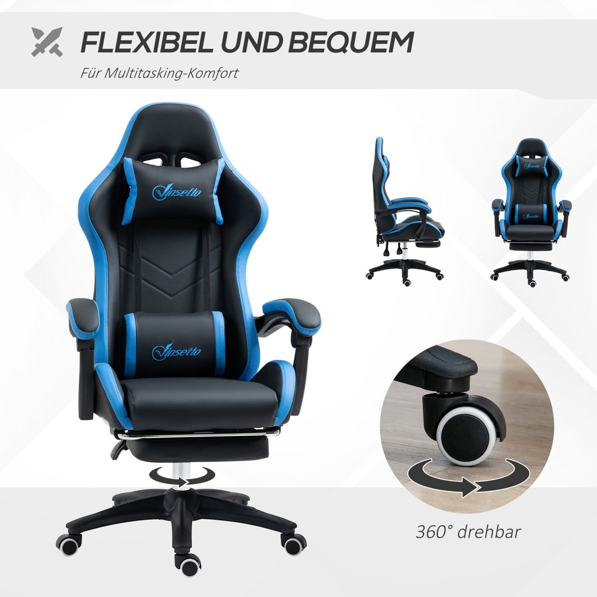 Bürostuhl, Ergonomischer Bürostuhl, Drehstuhl, Gamingstuhl, mit Lendenkissen, Kopfstütze, Blau, Vinsetto, 5
