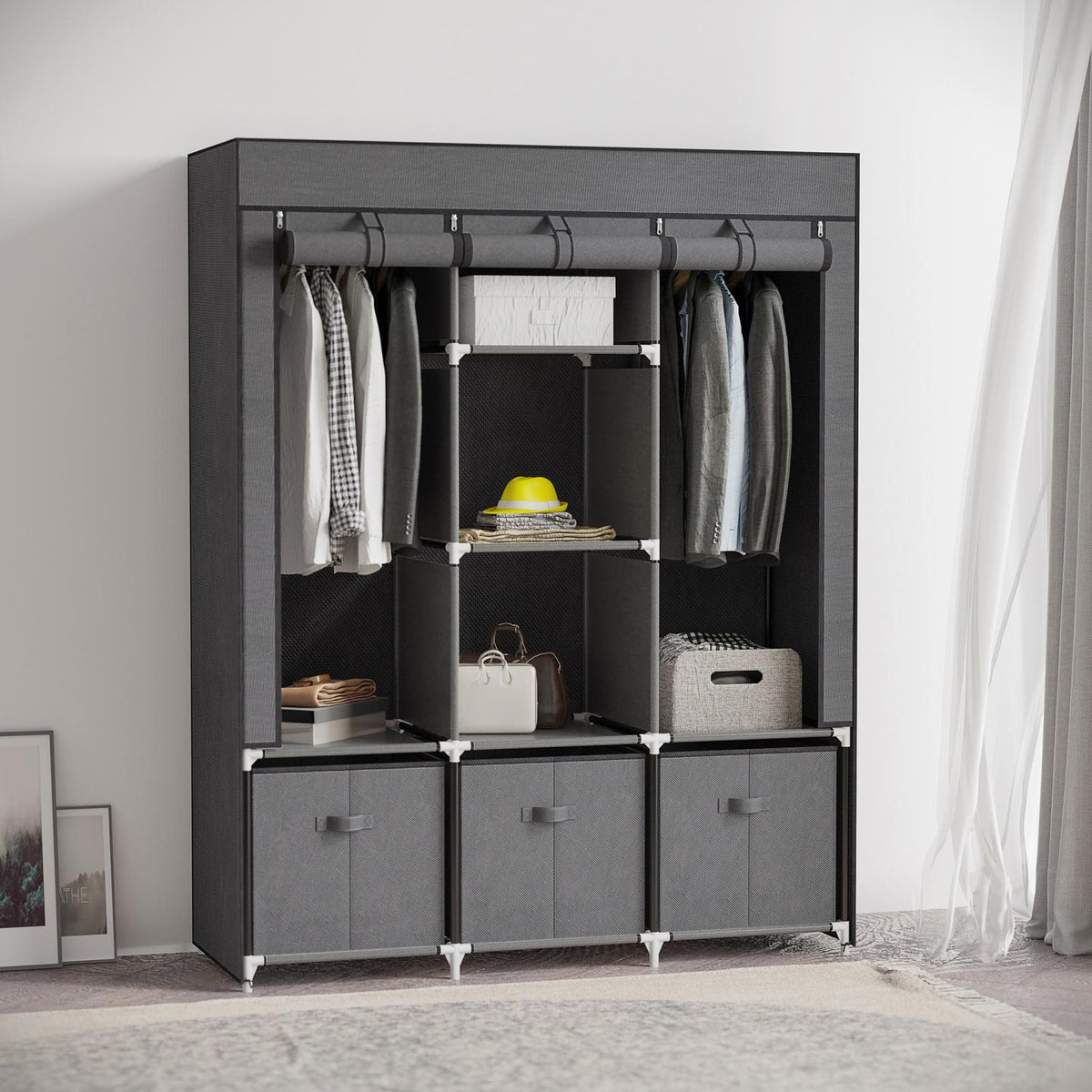 Stoffkleiderschrank, Faltschrank, Faltbarer Kleiderschrank, Stoffschrank, mit Reißverschluss, Dunkelgrau, HOMCOM