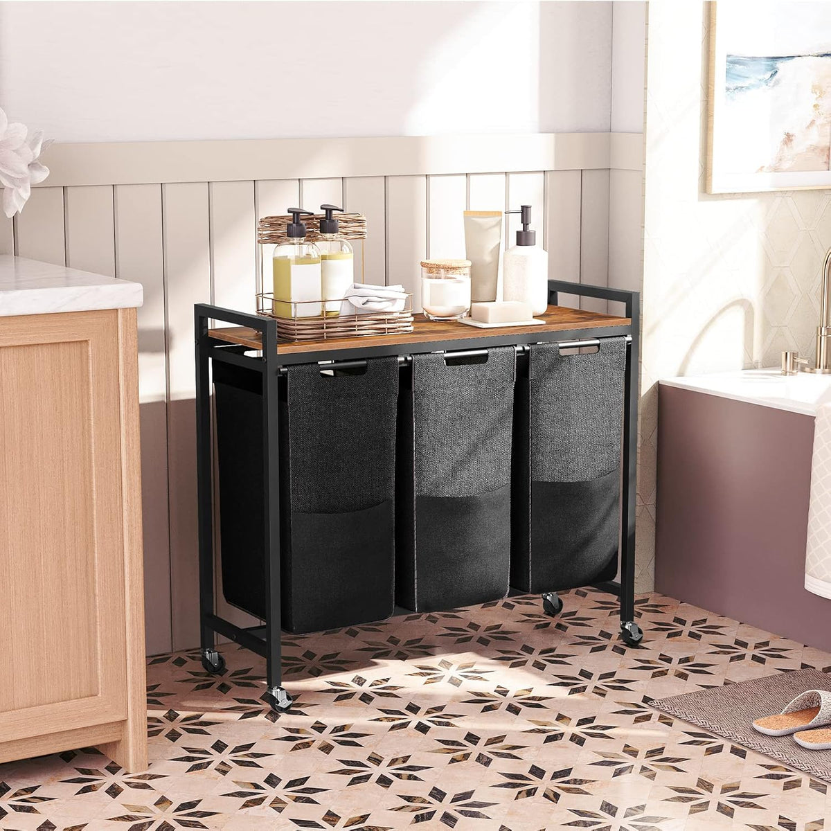 Wäschekorb 3 Fächer, Wäschesortierer, 3x39,8 L, Wäschekorb mit ablage, Wäschewagen mit rollen, Braun-Schwarz, HOOBRO, 8