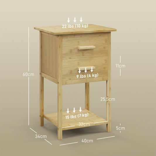 Nachttisch, 2er Set, Nachtschrank, Nachtkommode, mit 2 Schubladen, Ablage, Griff, Nachtkästchen, Beistelltisch, Natur, HOMCOM, 2