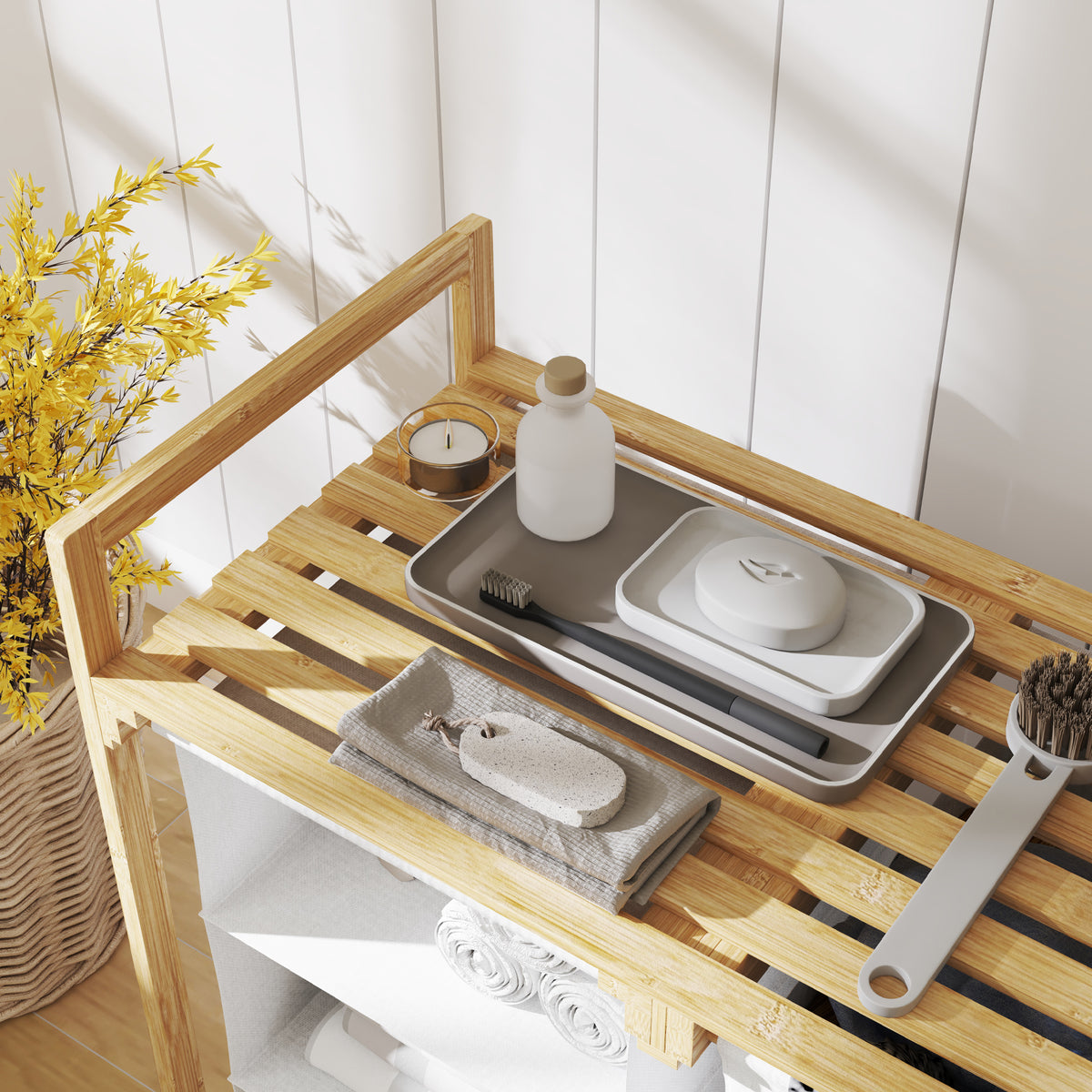 Wäschekorb, 83L, Wäschesammler, 4 Fächer, Wäschebox, Badezimmer Regal, mit offene Ablagen, Bambus, Weiß, HOMCOM, 9