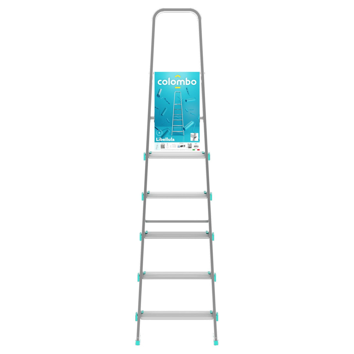 Trittleiter, Trittleiter 6 stufen, Trittleiter Klappbar, Höhe 129 cm, Max, Belastbar 150 kg, Aluminium, Hergestellt in Italien, Colombo LIBELLULA 6 stufen, 5