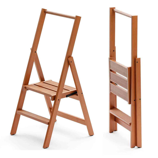 Trittleiter, Trittleiter 2 Stufen, Trittleiter Holz, Trittleiter Klappbar, rutschfeste Stufen, breite Plattform, KIMORA, 3