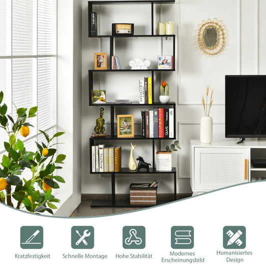 Bücherregal, Bücherregal mit 6 Ebenen, Standregal S-Form, Aufbewahrungsregal, Holz, Farbwahl-Schwarz, Costway, 1