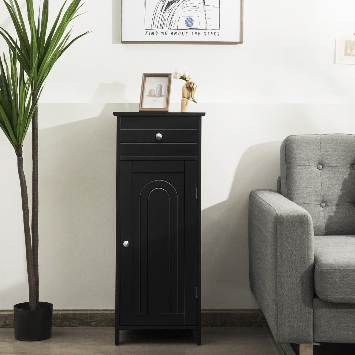 Costway Badezimmer-Bodenschrank freistehender Schrank mit 1 großen Schublade & 2 verstellbaren Regale Schwarz