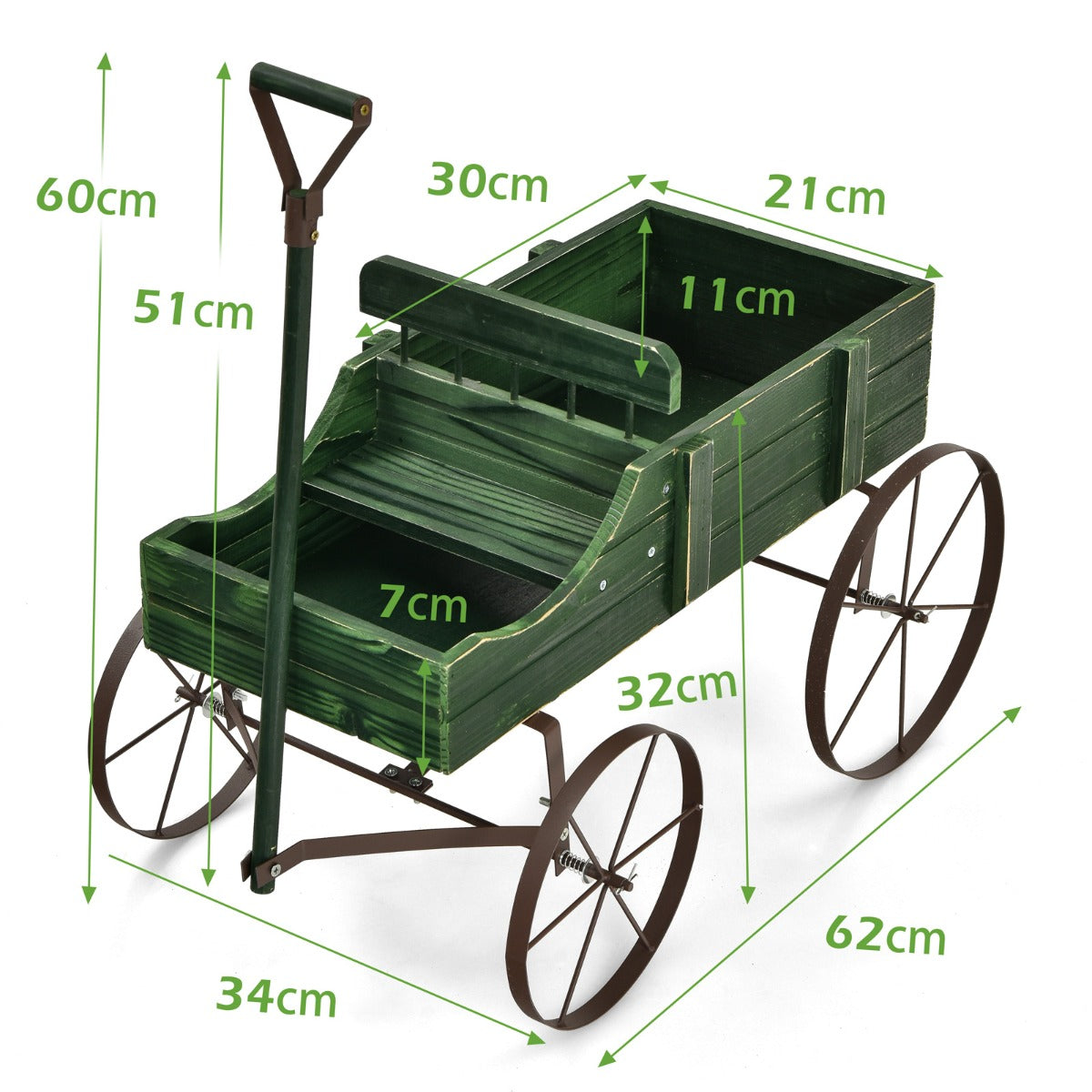 Blumenständer, Pflanzenregal, Holzwagen-Blumenkasten, dekorativer Blumenkasten mit Rädern, 62 x 34 x 60 cm, Grün, Costway, 7