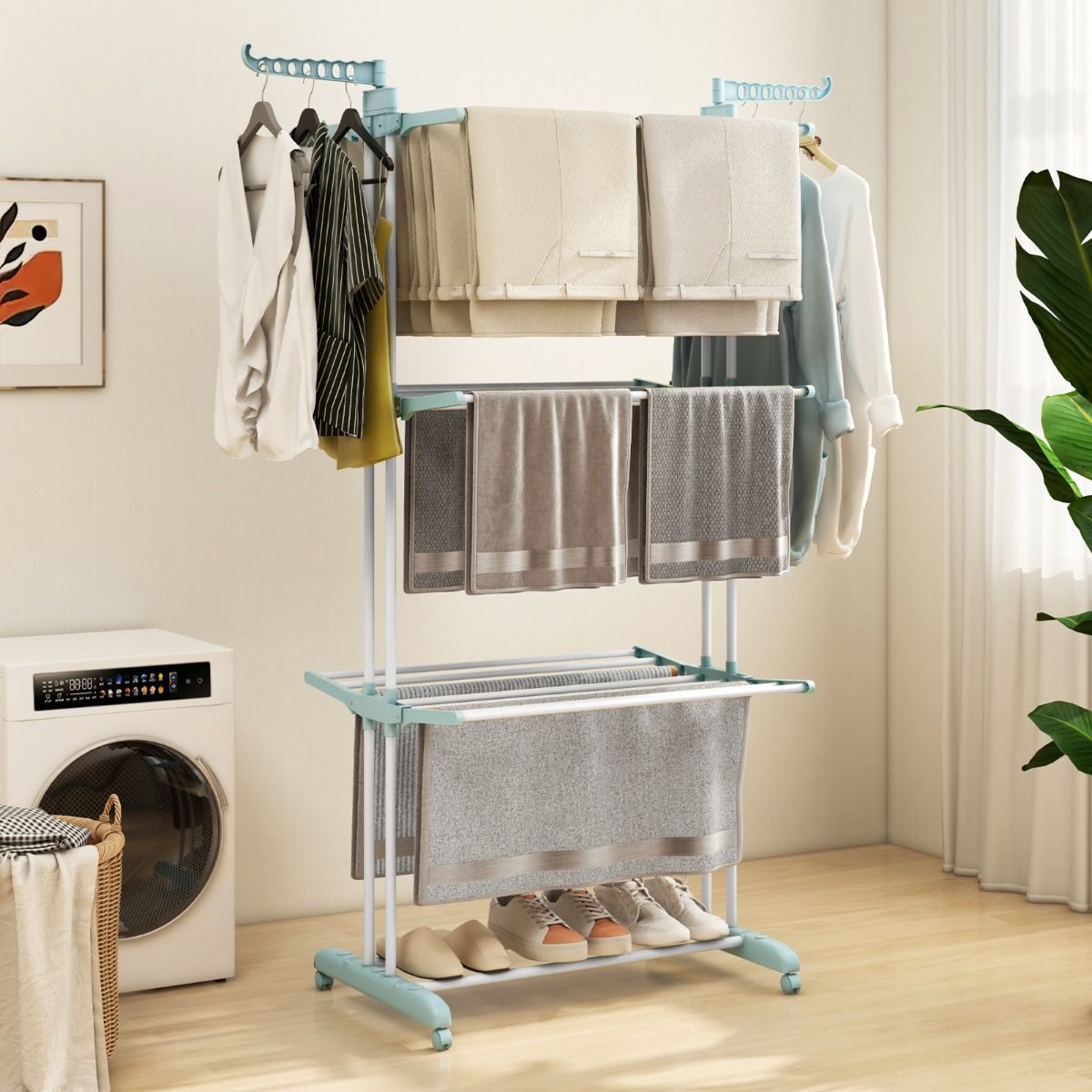 Wäscheständer Turm, 4-stufigen, Wäscheständer Klappbar, mit drehbaren Seitenflügeln, wäscheständer balkon, mit rollen, Blau, Costway, 10