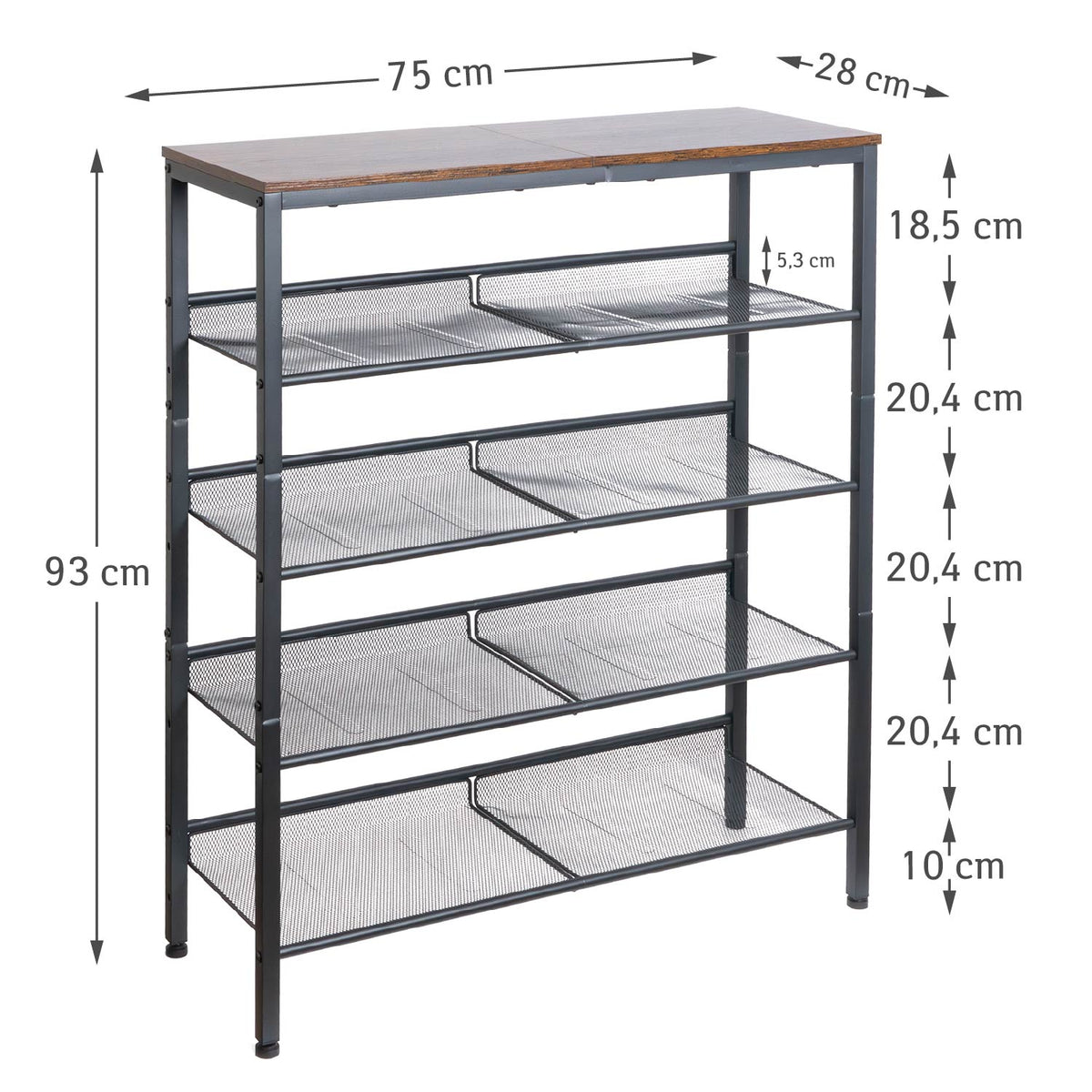 Schuhregal, 5-stöckiges, mit 4 verstellbar Gitterablage, Schuhregal Schmal, 75 x 28 x 93 cm, Schuhregal Metall, Tatkraft Otto, 4