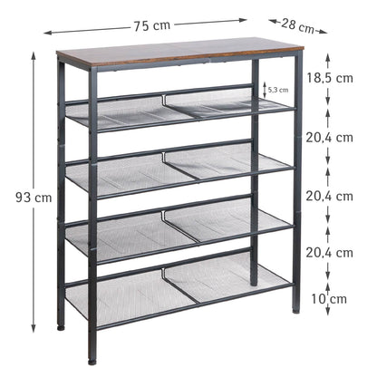 Schuhregal, 5-stöckiges, mit 4 verstellbar Gitterablage, Schuhregal Schmal, 75 x 28 x 93 cm, Schuhregal Metall, Tatkraft Otto, 4