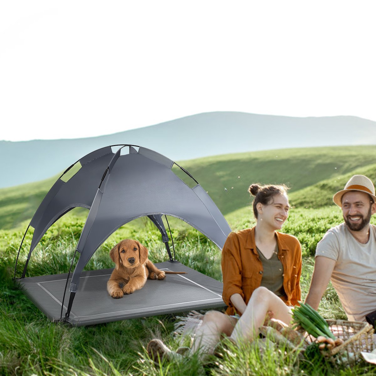 Costway - Hundebett xxl, Hundebett Outdoor, Hundebett mit Dach, Erhöhtes Hundebett, abnehmbarer Überdachung, Haustierbett, 90 x 81 x 86 cm, Grau