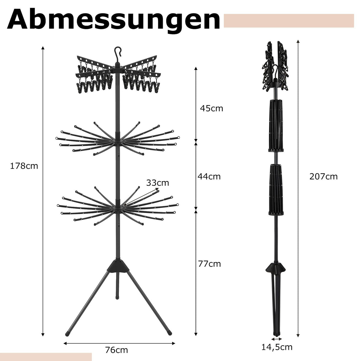 Wäscheständer Turm, 3-stufiger, Wäscheständer klappbar, Wäscheständer hoch 178cm, drehbare Arme, Schwarz, Costway, 3