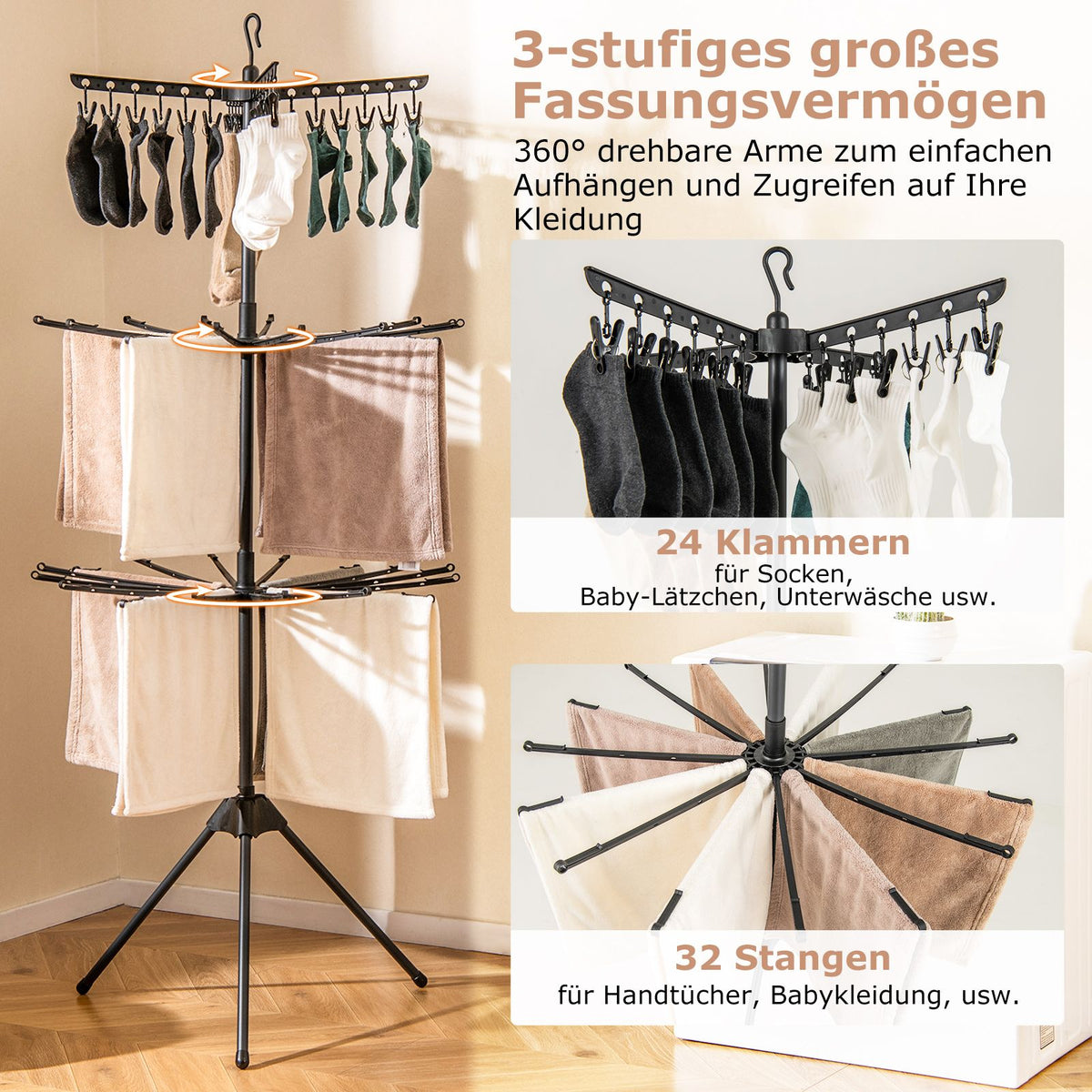 Wäscheständer Turm, 3-stufiger, Wäscheständer klappbar, Wäscheständer hoch 178cm, drehbare Arme, Schwarz, Costway, 4