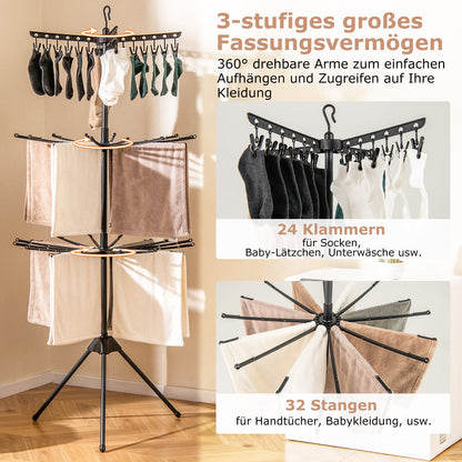 Costway – 3-stufiger, klappbarer Wäscheständer-Turm, 178 cm hoch, mit 24 Clips und 32 Stangen, Schwarz