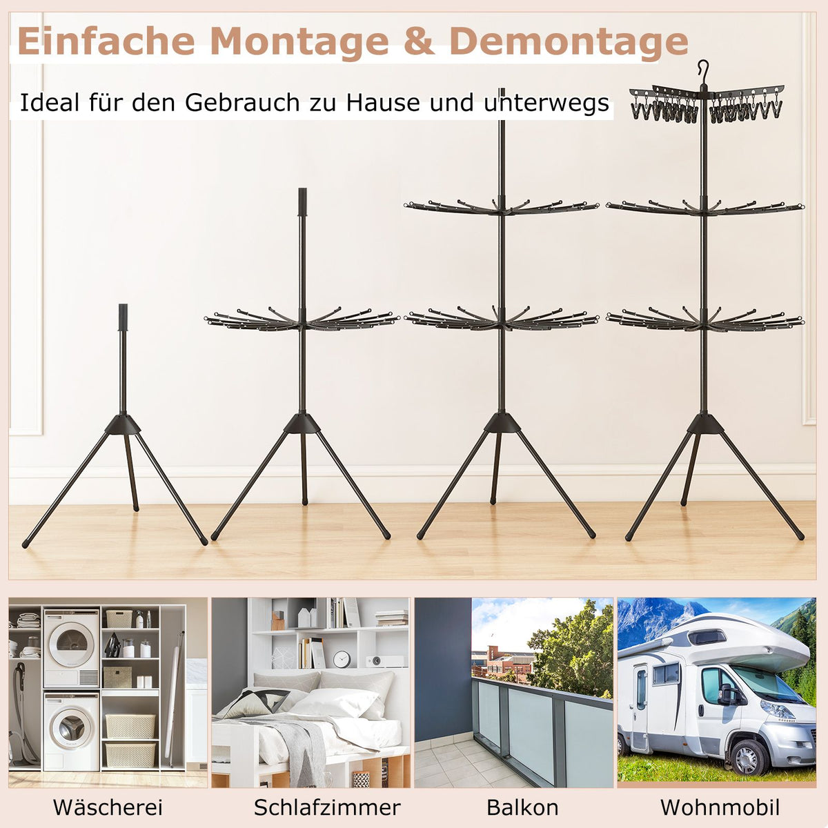 Wäscheständer Turm, 3-stufiger, Wäscheständer klappbar, Wäscheständer hoch 178cm, drehbare Arme, Schwarz, Costway, 8