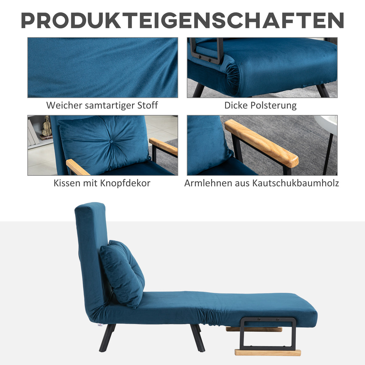 HOMCOM – Schlafsessel mit Bettfunktion, 5-fach verstellbarer Rückenlehne und Kissen, bis 120 kg, Blau