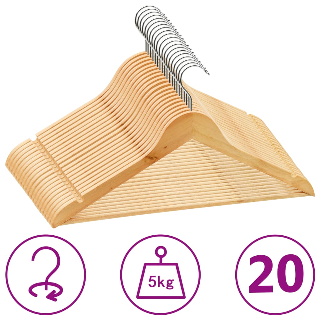 Kleiderbügel Holz, Kleiderbügel, Set 20 Stk. Hosen Kleiderbügel, mit Hosenstange, Rutschfest, drehbarer Haken, Natürliche farbe, Hartholz, vidaXL, 1