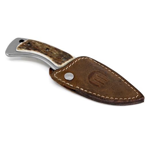 Maserin Mini Trapper – Outdoormesser mit ELMAX-Klinge und Hirschhorngriff, braune Lederscheide mit Druckknopf