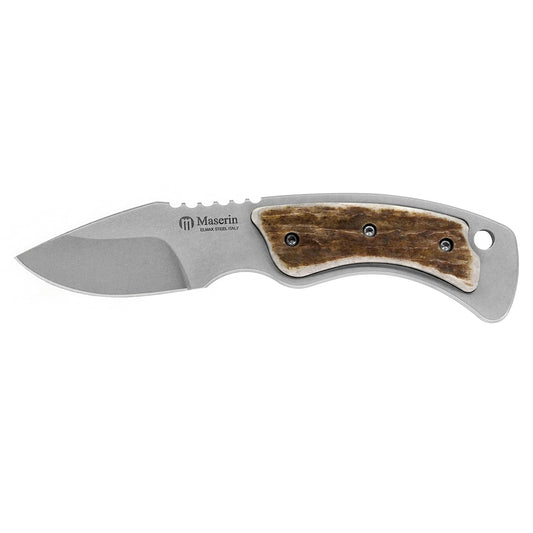 Maserin Mini Trapper – Outdoormesser mit ELMAX-Klinge und Hirschhorngriff, braune Lederscheide mit Druckknopf
