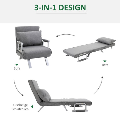 HOMCOM – 3-in-1-Schlafsessel mit 5-fach verstellbarer Rückenlehne und Armlehnen, 65 × 69 × 80 cm, Grau