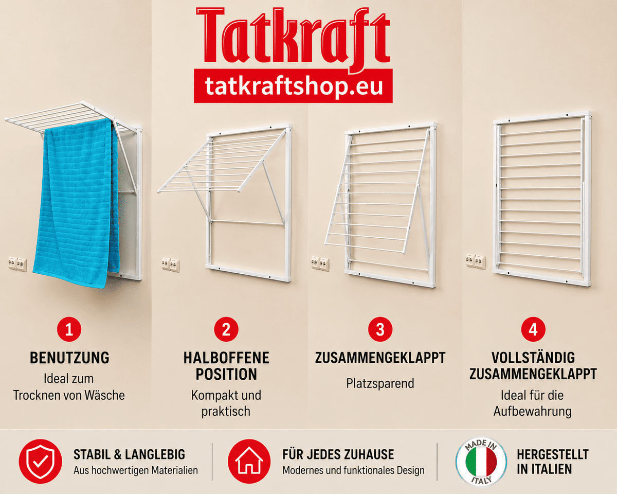 ARIT KLEDY – Klappbarer Wandwäscheständer aus Buche und Aluminium, 6,5 m Trockenlänge, Weiß, Made in Italy