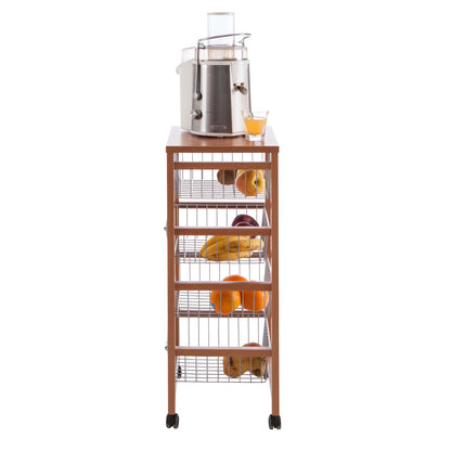 Küchenwagen mit arbeitsplatte GINGERONE, Küchenrollwagen 4 Schiebekörbe, Rollwagen Küche, Küchenwagen holz, Kirsche, ARIT, 3