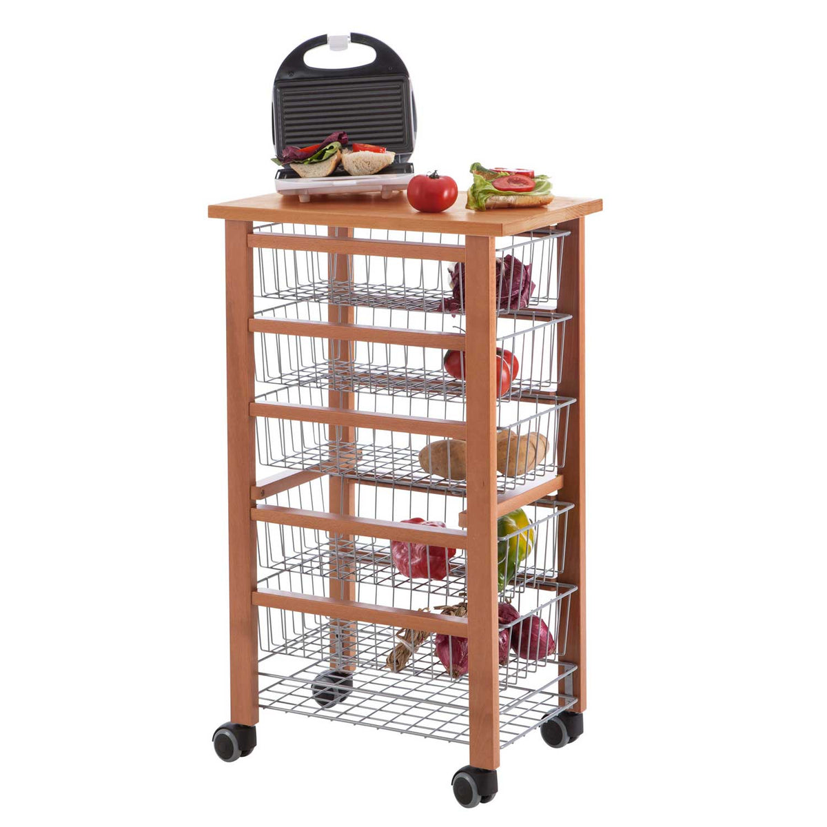 ARIT - Küchenwagen mit arbeitsplatte OLIVER, Küchenrollwagen, Rollwagen küche 5 Schiebekörbe, Küchenwagen holz, Kirsche, 2