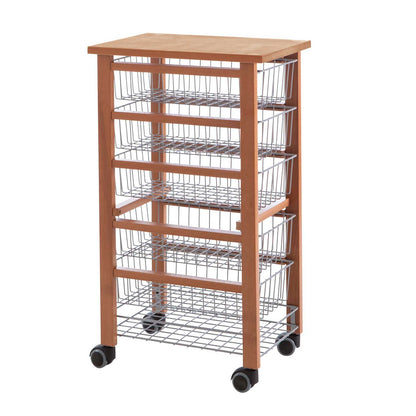 ARIT - Küchenwagen mit arbeitsplatte OLIVER, Küchenrollwagen, Rollwagen küche 5 Schiebekörbe, Küchenwagen holz, Kirsche, 3