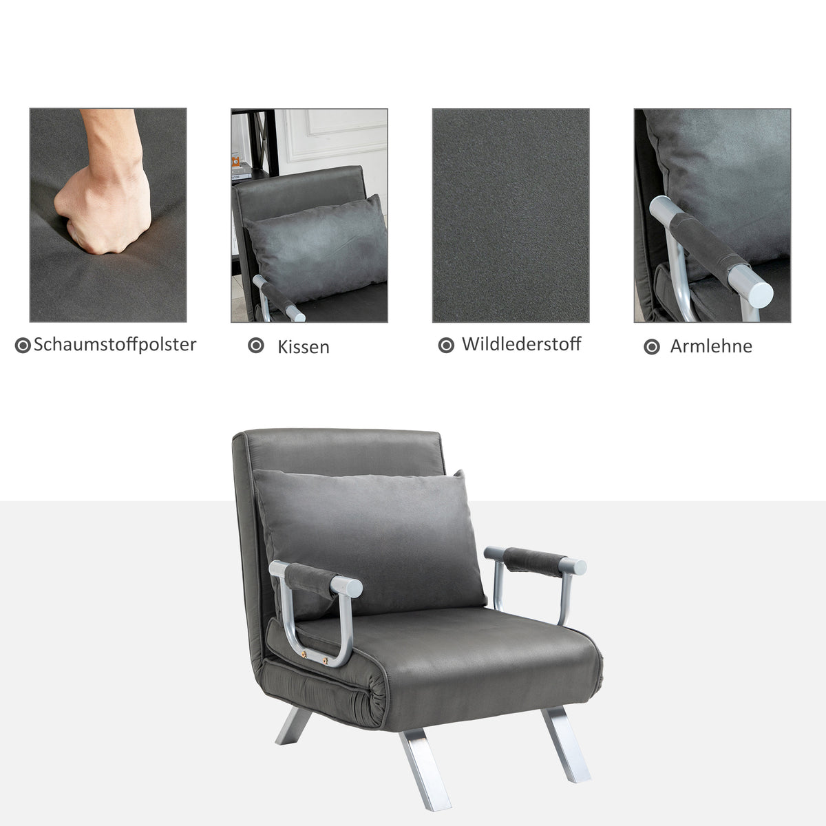 HOMCOM – 3-in-1-Schlafsessel mit 5-fach verstellbarer Rückenlehne und Kissen, 65 × 69 × 80 cm, Grau