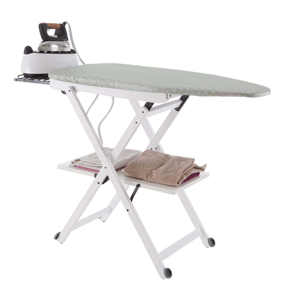 Bügeltisch, Bügeltisch höhenverstellbar: 84-88-91-93 cm, Räder an der Basis, verschiebbarer Bügeleisenhalter, STIROCOMODO, 3