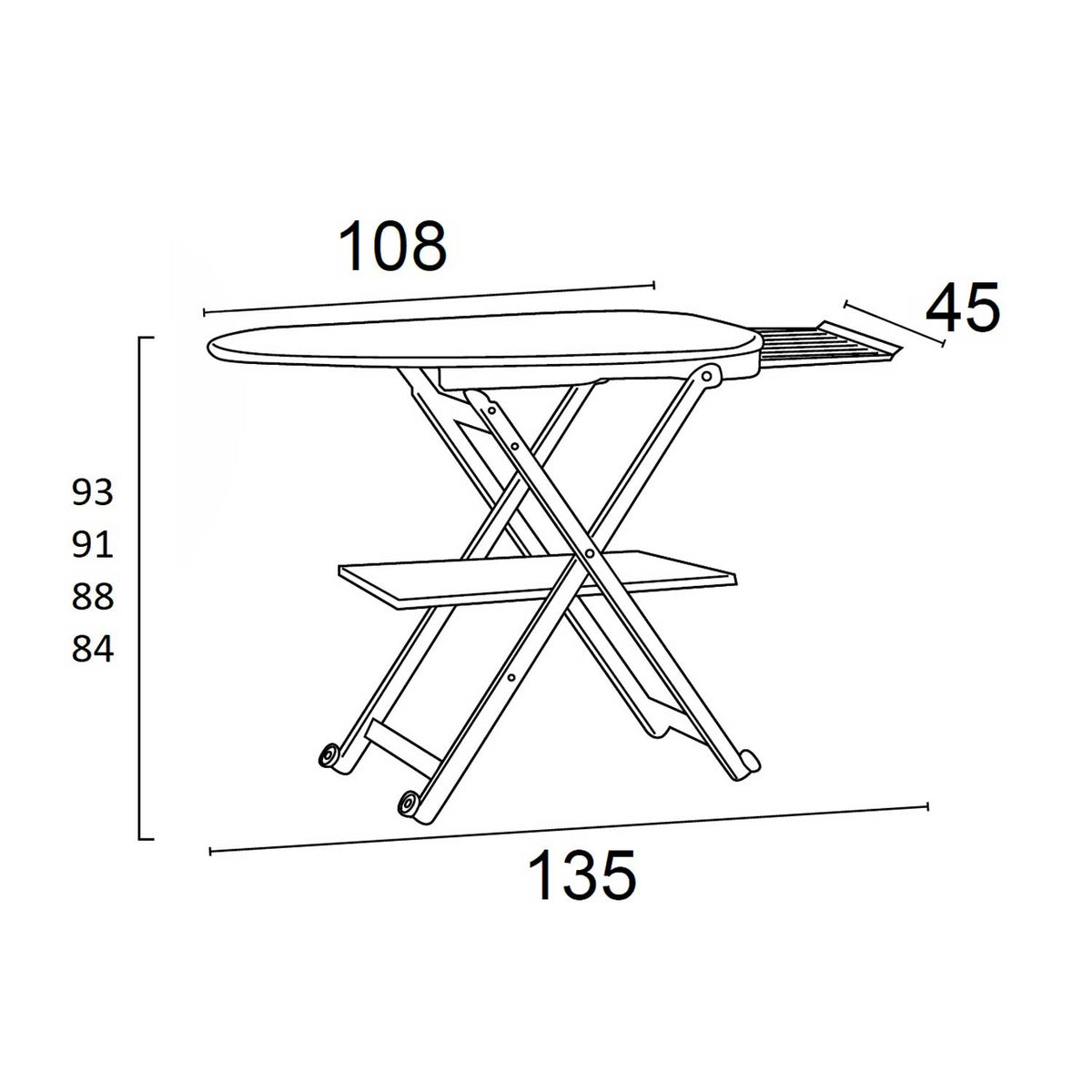 Bügeltisch, Bügeltisch höhenverstellbar: 84-88-91-93 cm, Räder an der Basis, verschiebbarer Bügeleisenhalter, STIROCOMODO, 7