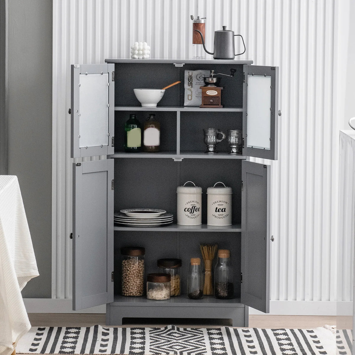Costway – Freistehender Badezimmerschrank mit 4 Glastüren, 58 × 30 × 109 cm, Grau