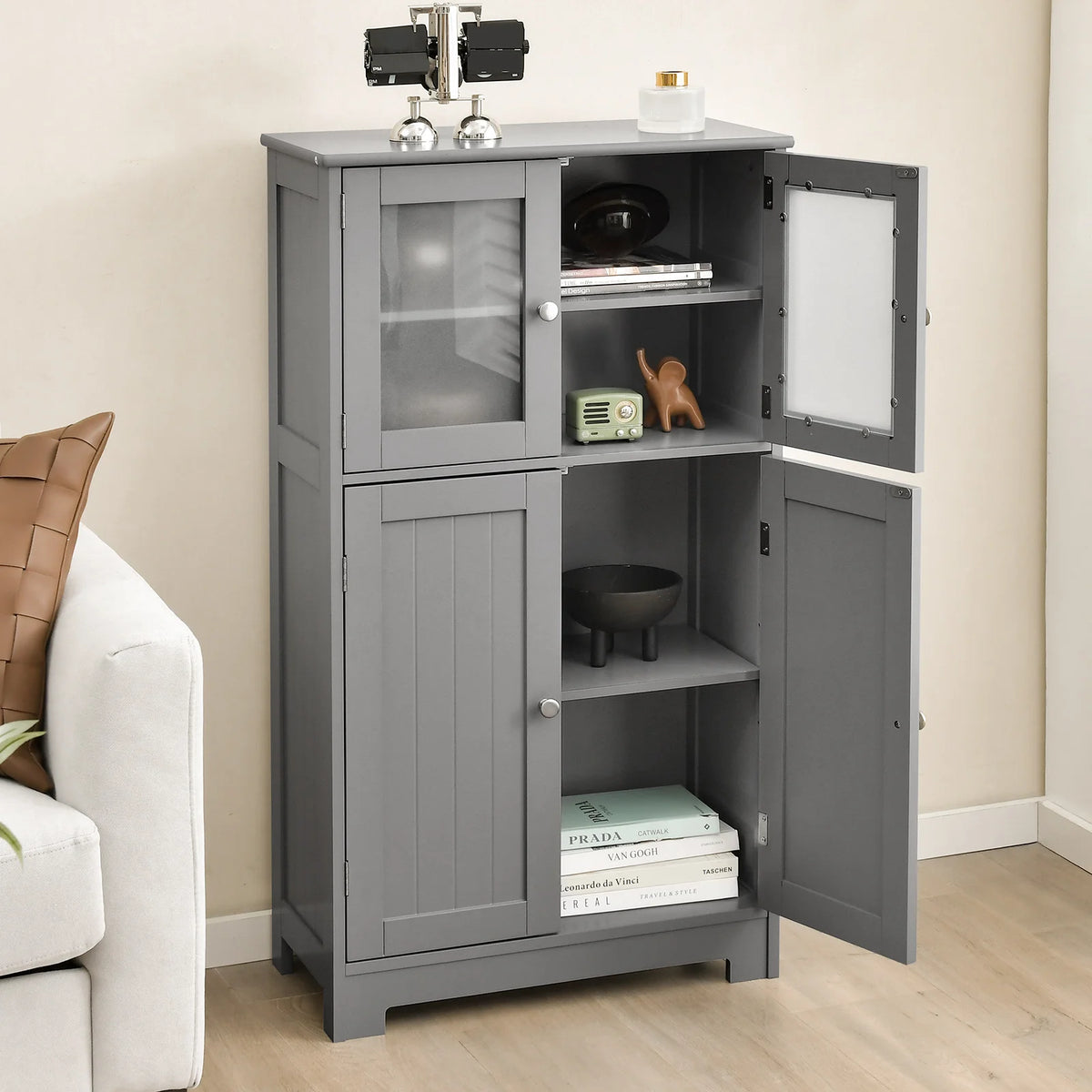 Costway – Freistehender Badezimmerschrank mit 4 Glastüren, 58 × 30 × 109 cm, Grau
