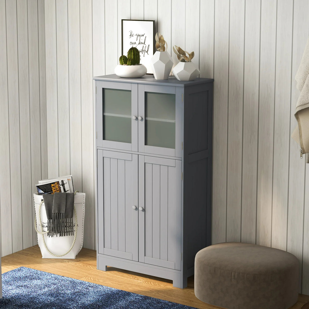 Costway – Freistehender Badezimmerschrank mit 4 Glastüren, 58 × 30 × 109 cm, Grau