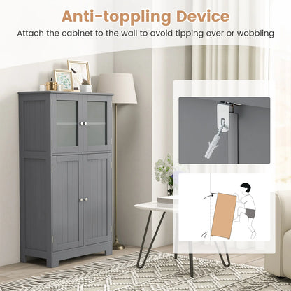 Costway – Freistehender Badezimmerschrank mit 4 Glastüren, 58 × 30 × 109 cm, Grau