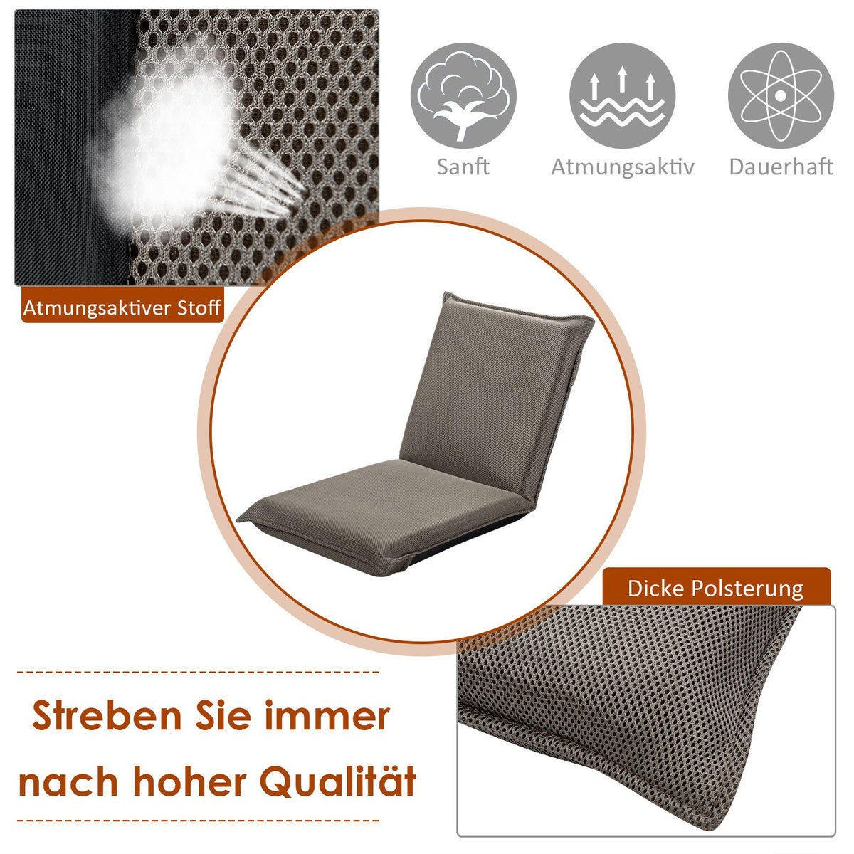 Bodensessel, Bodensofa, Bodenstuhl mit 6- stufig Verstellbarer Rückenlehne Game Sessel gepolstert, Grau, Costway, 9