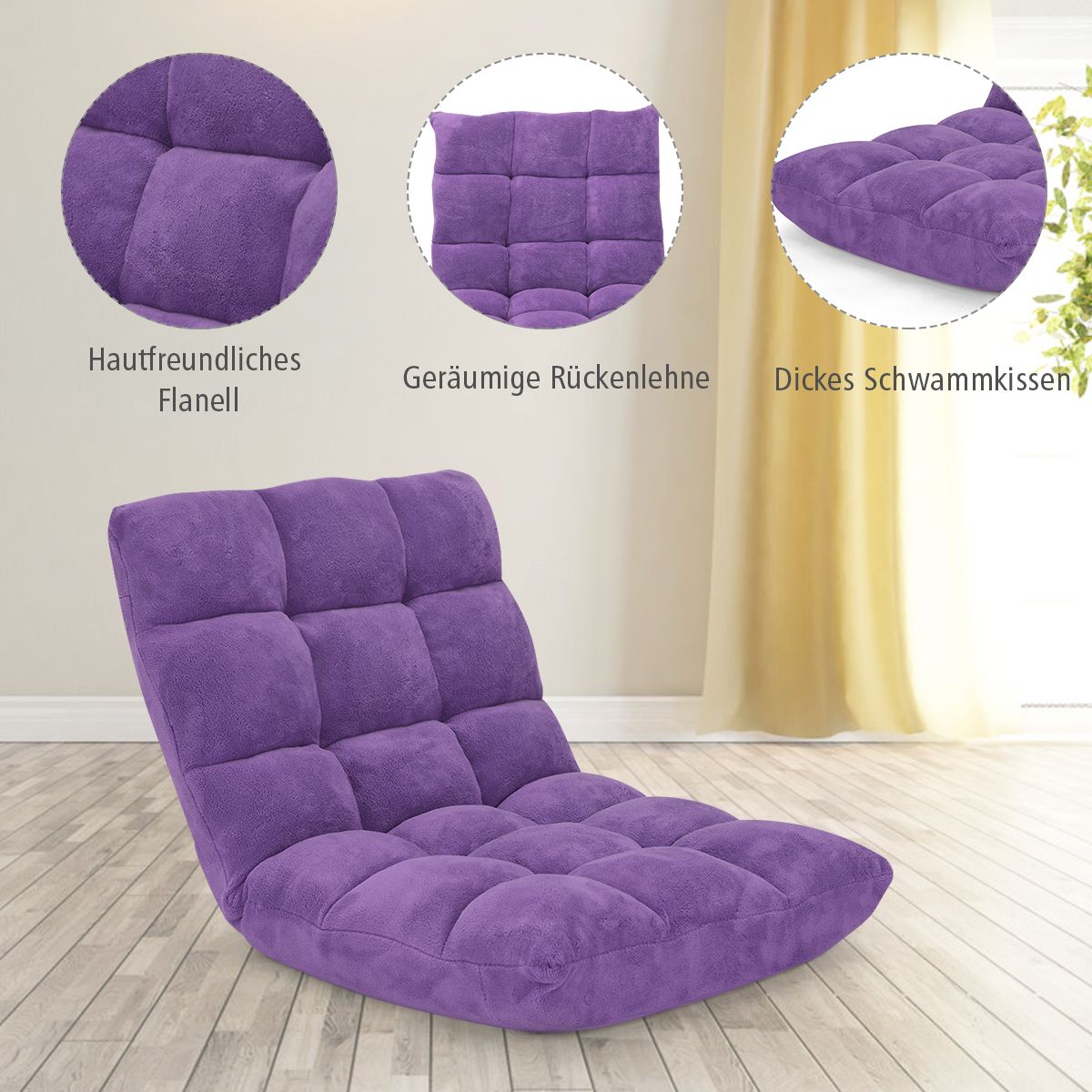 Bodensofa, Bodenstuhl mit verstellbarer Lehne Bodensessel mit Rückenlehne 105 x 59 x 15 cm Lila, Costway, 8