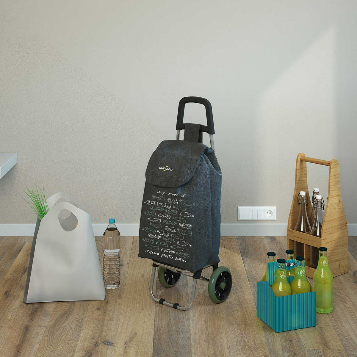 Einkaufstrolley, Einkaufswagen, mit Rädern, recycelter Materialtasche, 40 Liter, Grau, Colombo GREENWICH, 1