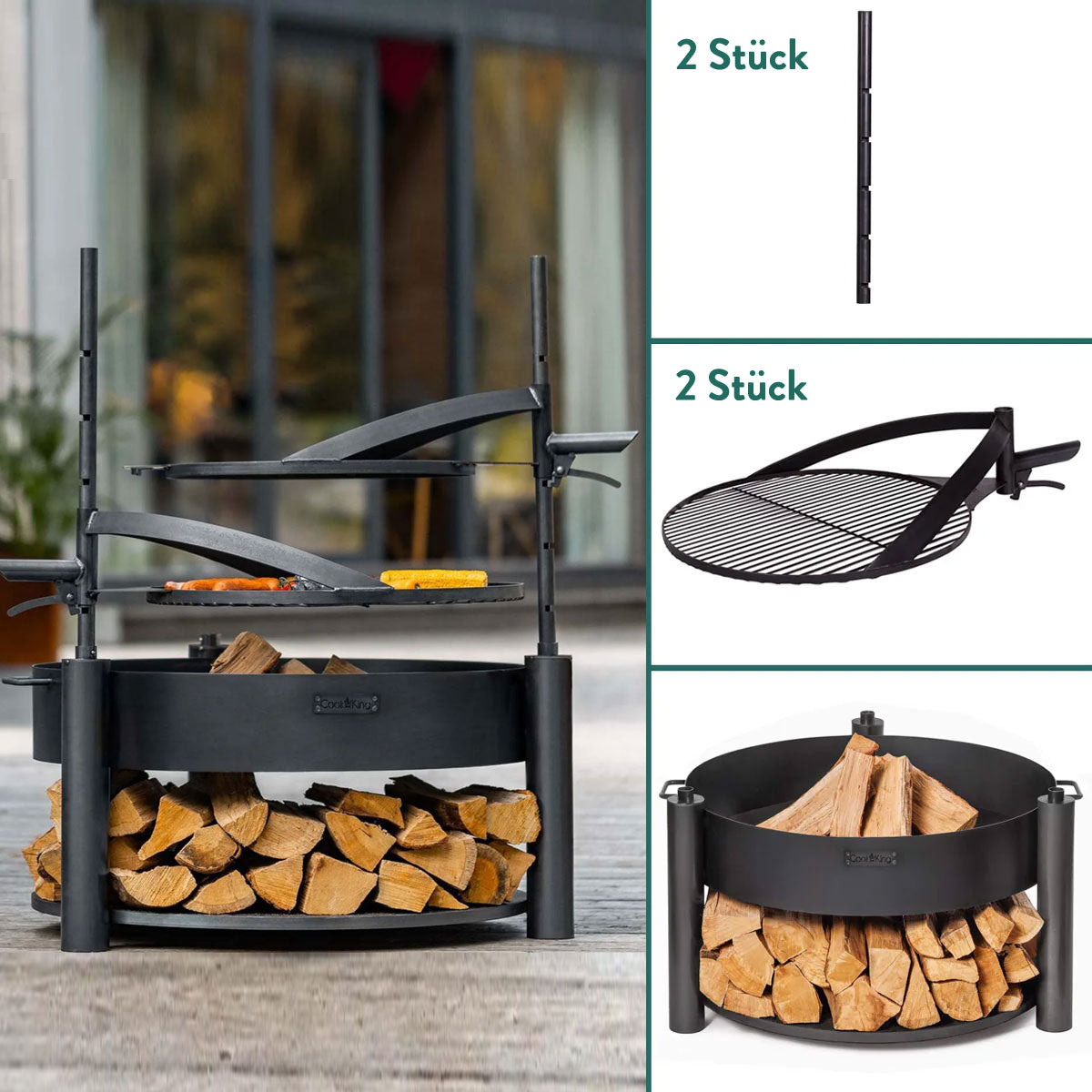 Feuerschale 80 cm, mit 2 Grillrost 60 cm und 50 cm, 2 Mast 77cm, Stauraum für Brennholz, aus Naturstahl, Cook King Montana X set, 6
