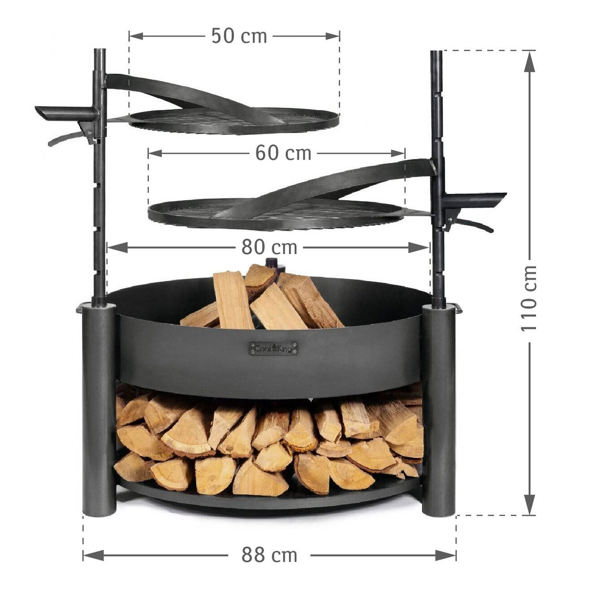Feuerschale 80 cm, mit 2 Grillrost 60 cm und 50 cm, 2 Mast 77cm, Stauraum für Brennholz, aus Naturstahl, Cook King Montana X set, 1