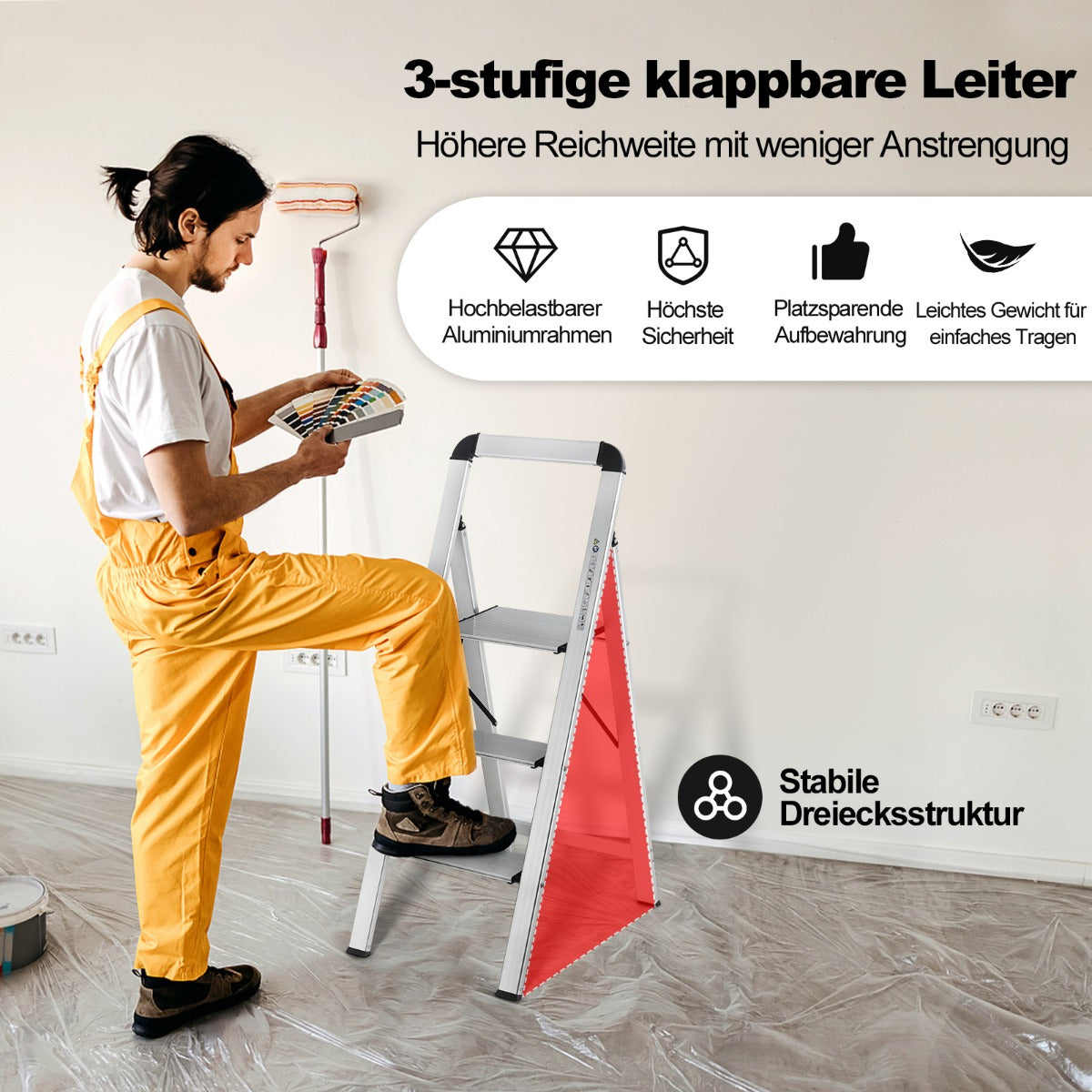 Trittleiter, Trittleiter 3 Stufen, Klappbarer Tritthocker aus Aluminium mit Rutschfesten Stufen, Silber, Castway, 2