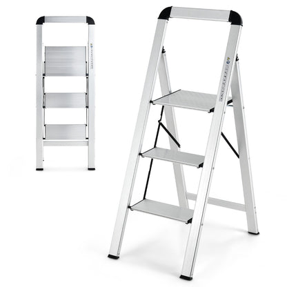 Trittleiter, Trittleiter 3 Stufen, Klappbarer Tritthocker aus Aluminium mit Rutschfesten Stufen, Silber, Castway, 1