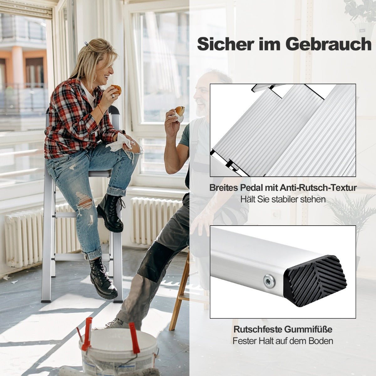 Trittleiter, Trittleiter 3 Stufen, Klappbarer Tritthocker aus Aluminium mit Rutschfesten Stufen, Silber, Castway, 5