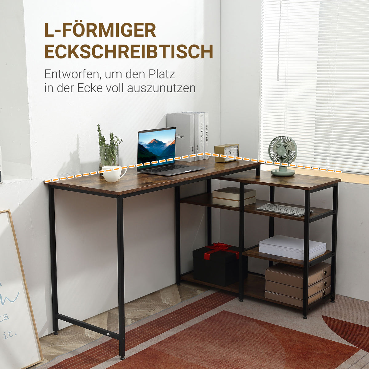 Eckschreibtisch, Schreibtisch Ecke, Schreibtisch L Form, L Schreibtisch, Schreibtisch mit Stauraum, Bürotisch, HOMCOM, 2