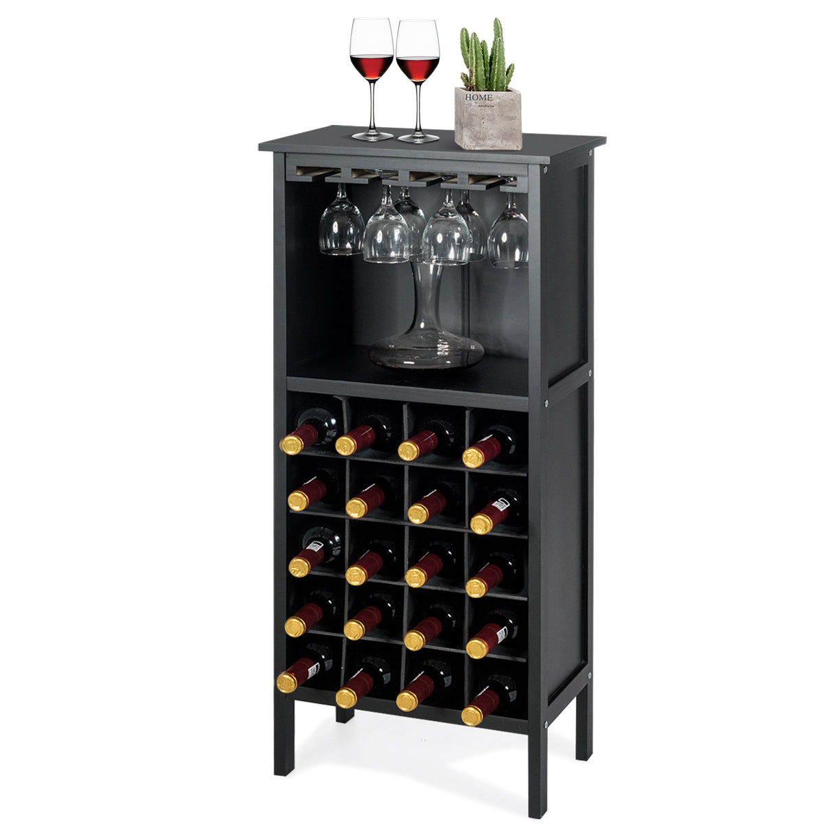 Flaschenregal, Weinregal, aus Holz, bis 20 bottles, Weinständer Holzregal Weinschrank Kolonialstil Schwarz, Costway, 4