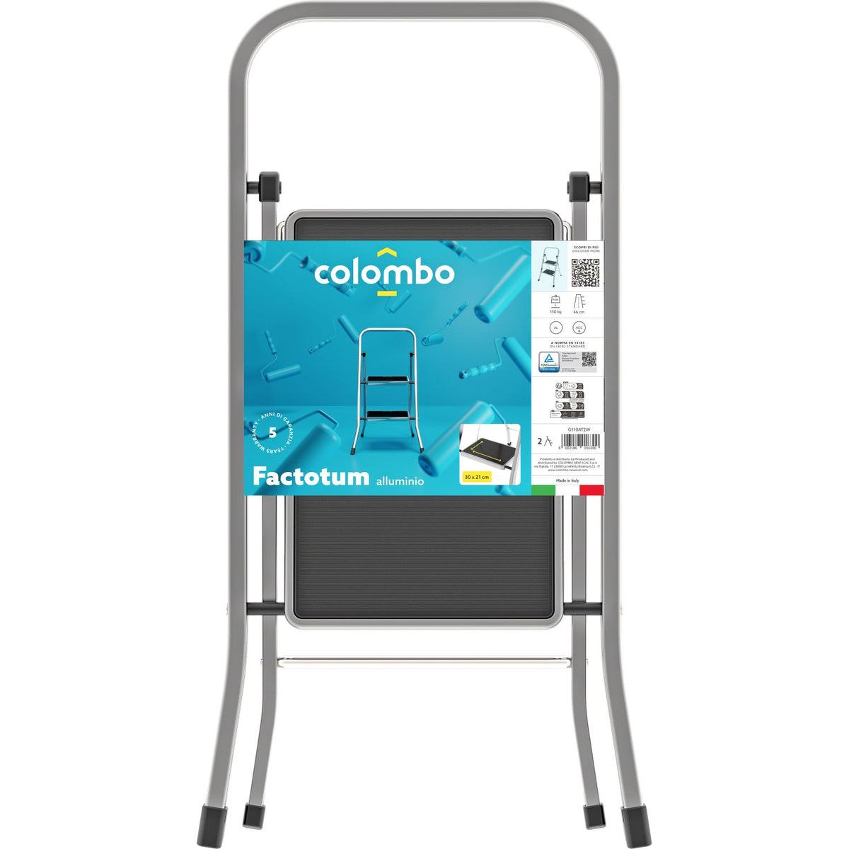 Trittleiter 2 Stufen, Klappleiter Alu, Stufenleiter, Stufengröße 30x21 cm, Max. Belastbar: 150 kg, Hergestellt in Italien, Colombo FACTOTUM ALUMINIUM Trittleiter 2 Stufen, 3