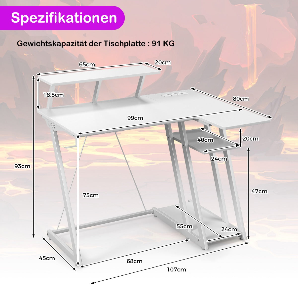 Gaming Tisch, PC Tisch, Computertisch, Schreibtisch L Form, L Schreibtisch, Schreibtisch Weiß, Costway, 2