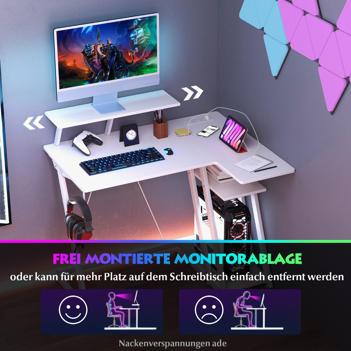 Gaming Tisch, PC Tisch, Computertisch, Schreibtisch L Form, L Schreibtisch, Schreibtisch Weiß, Costway, 3